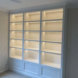 White Timber Storage Cabinet with Glass Shelves